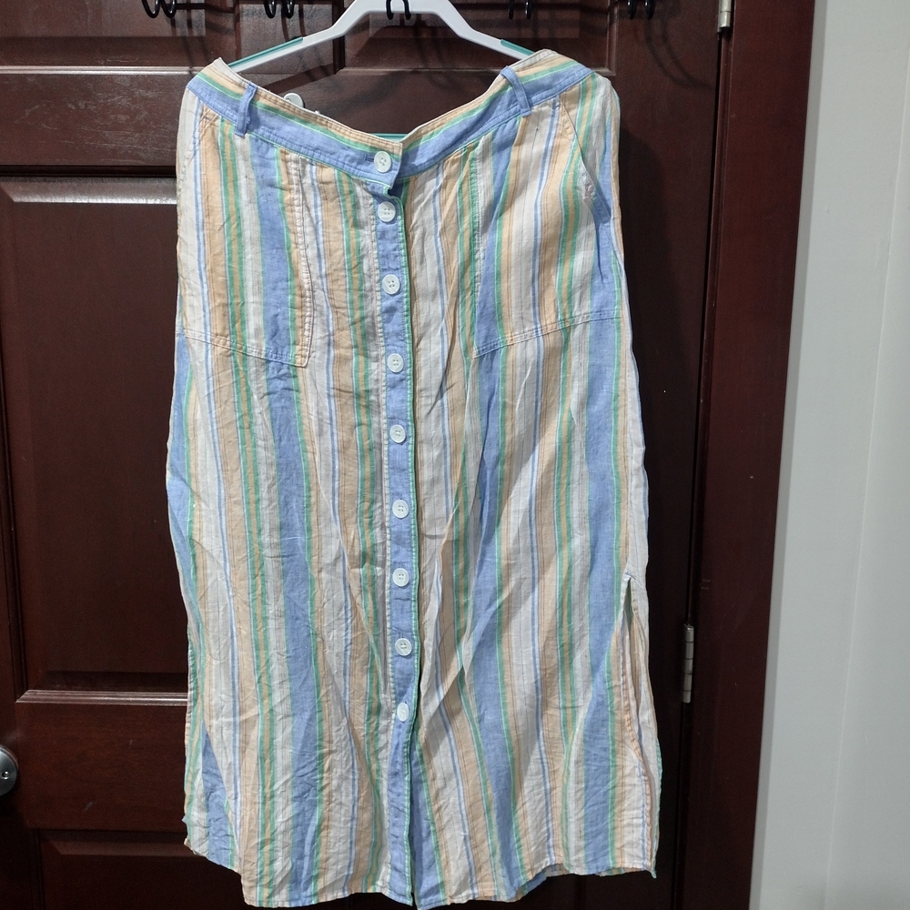 Talbots 100% Linen Green Orange Striped Skirt Size 16p